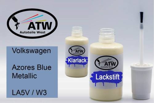 Volkswagen, Azores Blue Metallic, LA5V / W3: 20ml Lackstift + 20ml Klarlack - Set, von ATW Autoteile West.